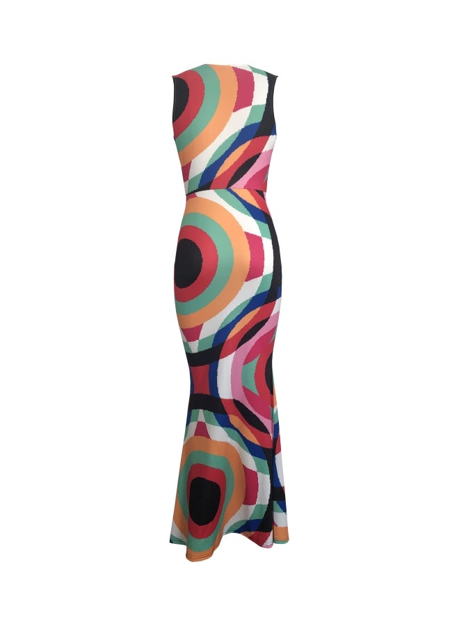 Digital Printed V-Neck Dress Blue/Red/Green - Image 2