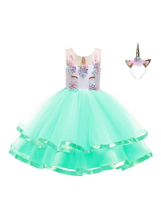 Lace Detailed Maxi Dress With Headband Green/White/Pink  - Image 1