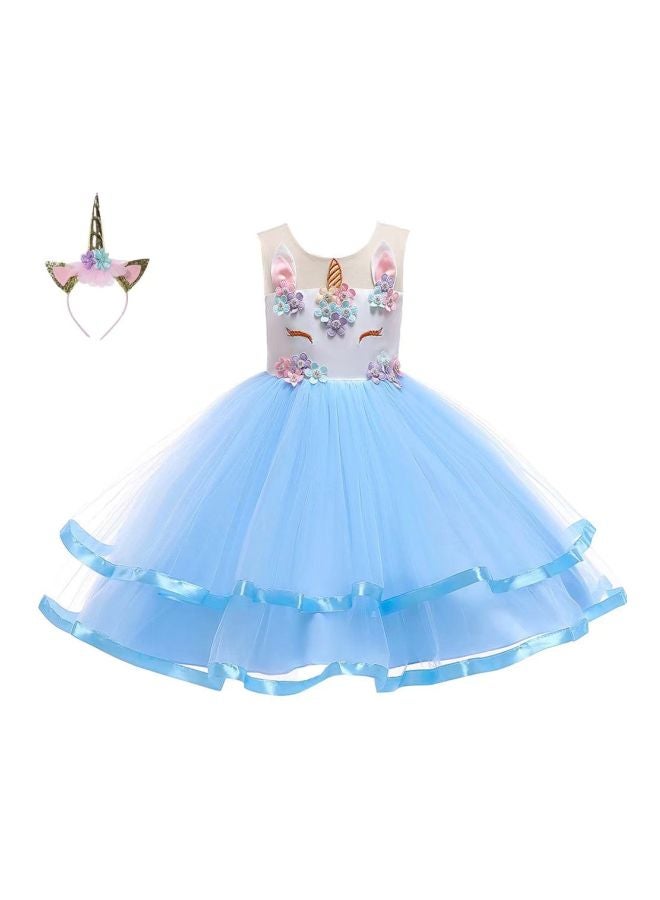 Lace Detailed Maxi Dress With Headband Blue/White/Pink  - Image 1