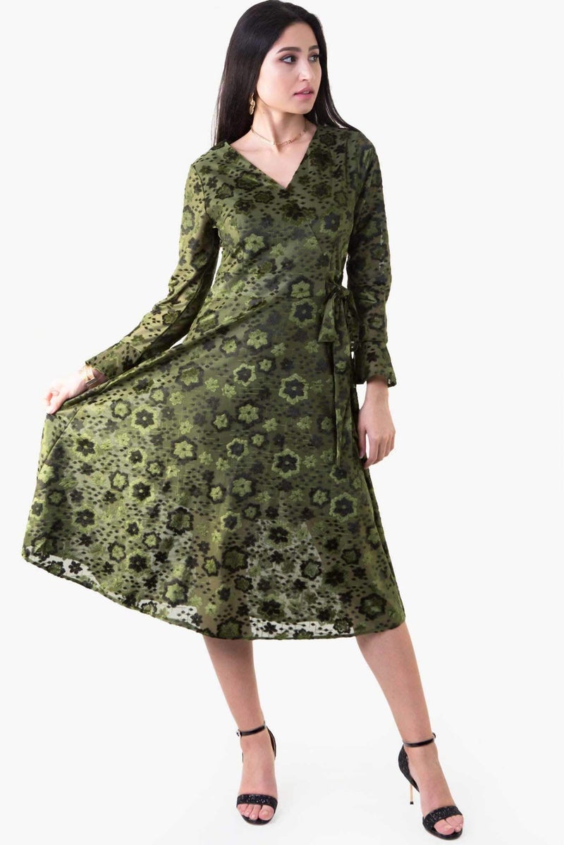 رو أورانج فستان مخمل بنقشة زهور أخضر - Image 3