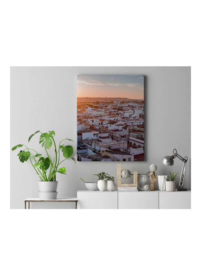 لوحة فنية من قماش الكانفاس بإطار بطبعة مدينة وشمس أبيض/رمادي 60x80سم - Image 4