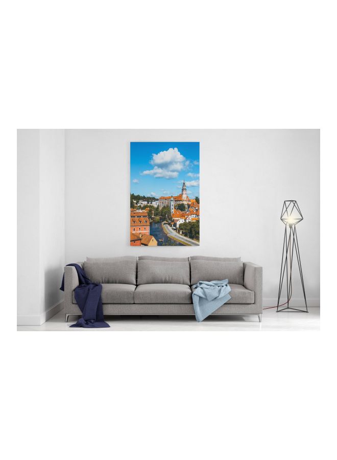 لوحة فنية من قماش الكانفاس بإطار بطبعة قرية أزرق/أبيض/برتقالي 60x80سم - Image 3