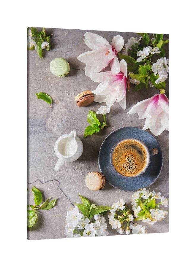 LOWHA Coffee Roses Printed Framed Canvas Wall Art Grey/White/Green 60x80cm - Image 1