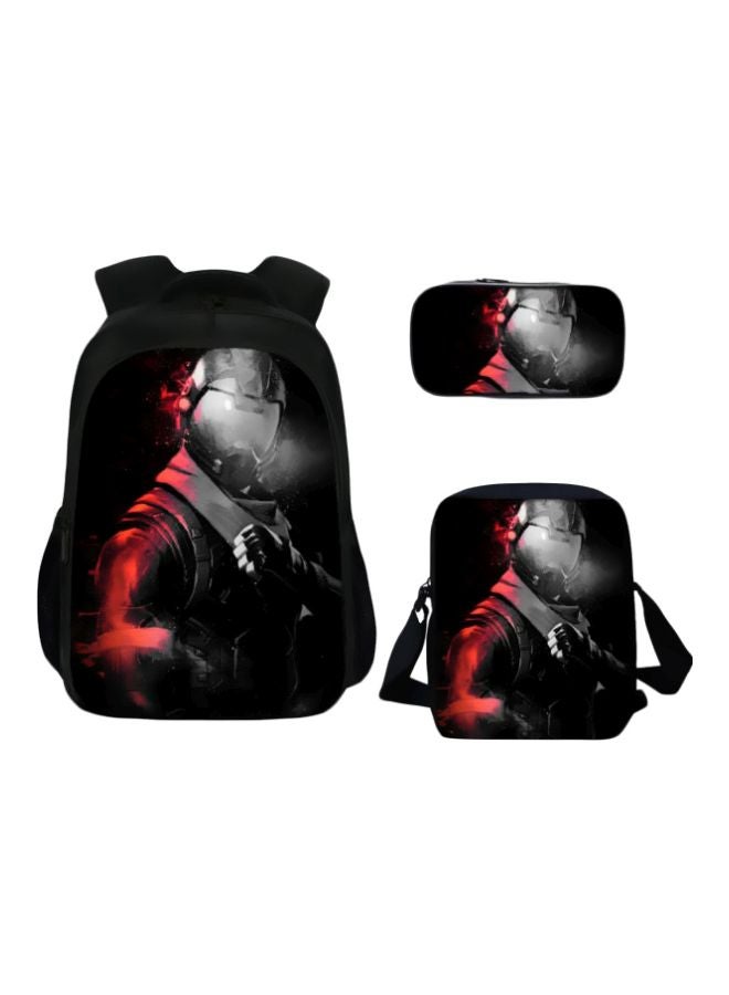 3-Piece 3D Printed School Backpack Set Black/Red/Grey 