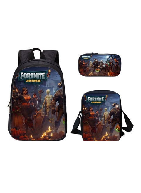 3-Piece Fortnite Game 3D Printed Backpack Set Brown/Yellow/Blue