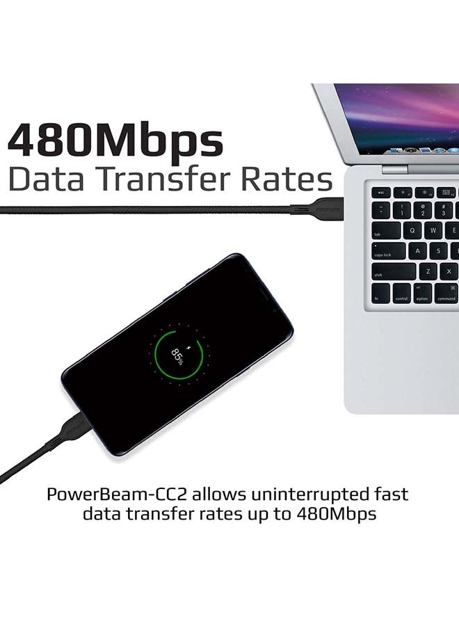PROMATE - USB-C Charging Cable, Premium 60W Power Delivery USB Type-C  3A Sync and Charge Cable with 2 Meter Tangle Free Cord For MacBook Pro, Google Pixel XL, Nexus 5X/6P, PowerBeam-CC2 Black - Image 1