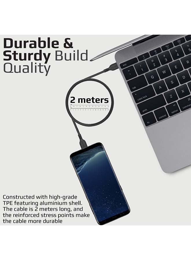 PROMATE - USB-C Charging Cable, Premium 60W Power Delivery USB Type-C  3A Sync and Charge Cable with 2 Meter Tangle Free Cord For MacBook Pro, Google Pixel XL, Nexus 5X/6P, PowerBeam-CC2 Black - Image 1