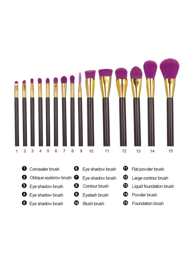 آنسيلف طقم فراشي مستحضرات تجميل مكوّن 15 قطعة أرجواني/ أسود/ ذهبي - Image 2