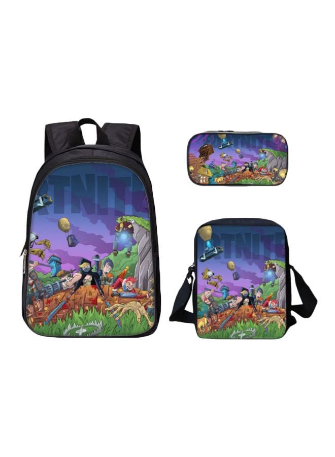 3-Piece 3D Fortnite Printed Backpack Set Purple/Green/Black