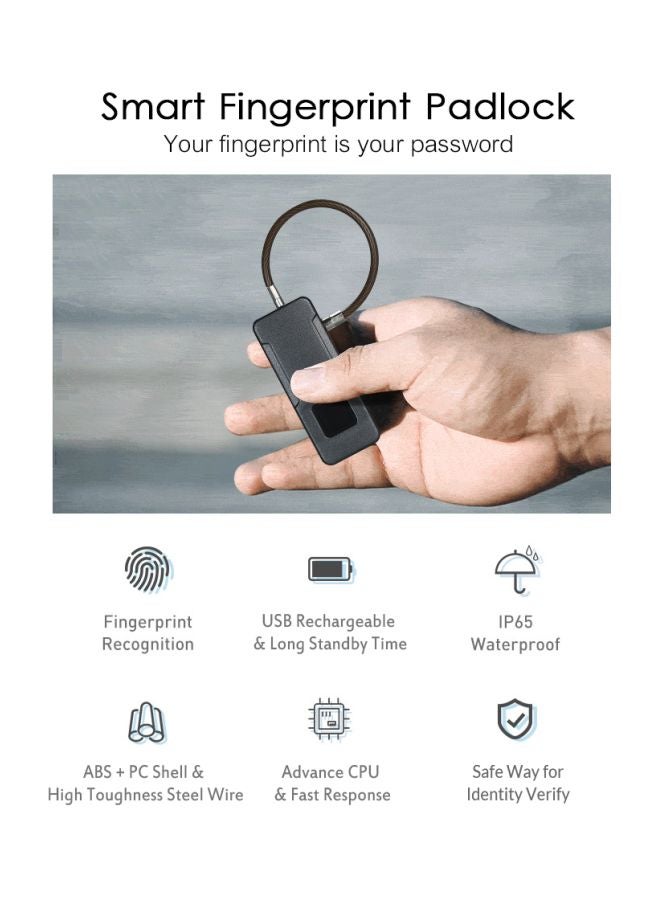 قفل أمان ذكي بحلقة مضاد للسرقة يعمل بالبصمة قابل للشحن عن طريق USB أسود/فضي  - Image 2