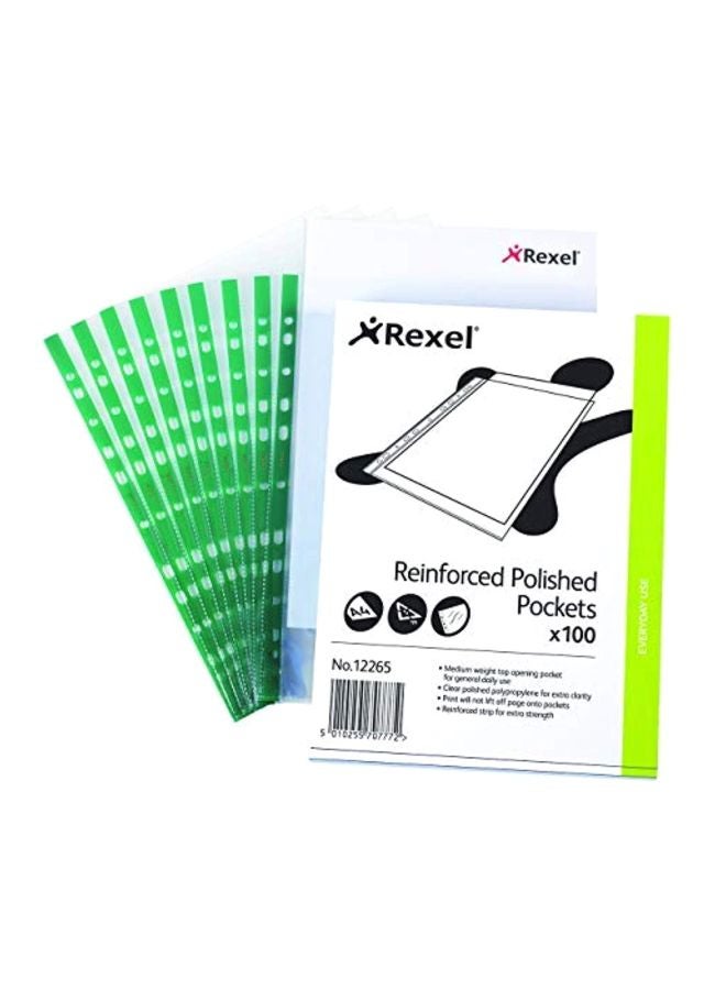 Rexel 100-Piece Reinforced Glass Pockets For A4 Paper Clear/Green 