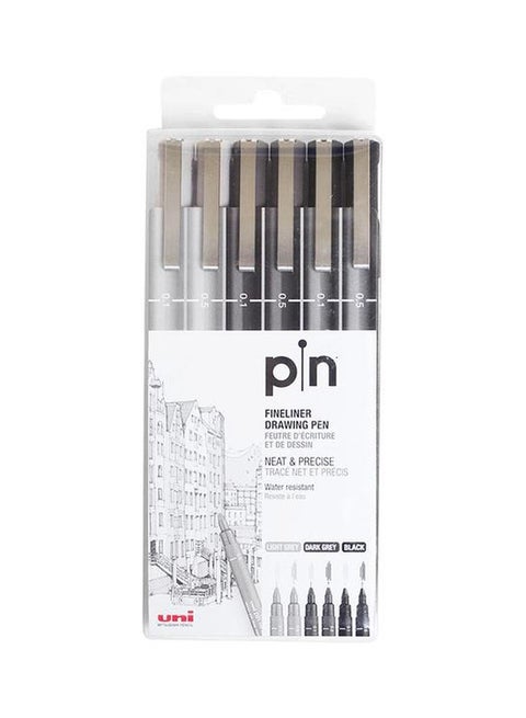 6-Piece Fineliner Pen Set Light Grey/Dark Grey/Black