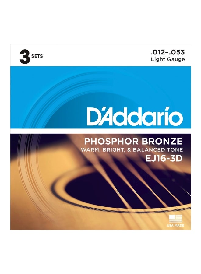 D'Addario Pack Of 3 EJ16-3D Phosphor Bronze Light Gauge Acoustic Guitar String 