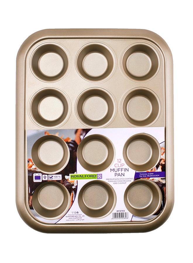 Royalford 12-Cups Muffin Pan Gold 38x3.5x29.5cm  - Image 1