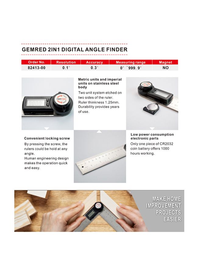 GemRed 2-In-1 Angle Gauge Goniometer With Digital Display Clinometer Silver - Image 5