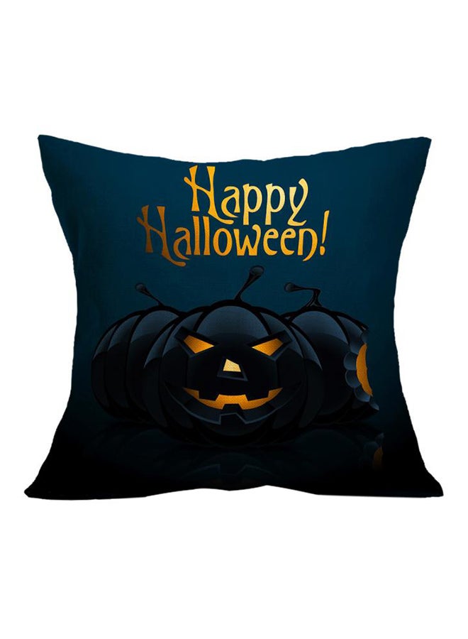 غطاء وسادة ديكور بطبعة عبارة "Happy Halloween" linen أسود/أزرق 45 x 45سم - Image 1