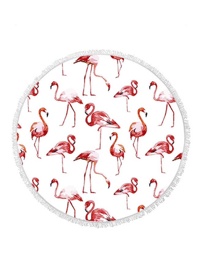 Flamingo Round Fringed Towel White/Red 150 × 150cm