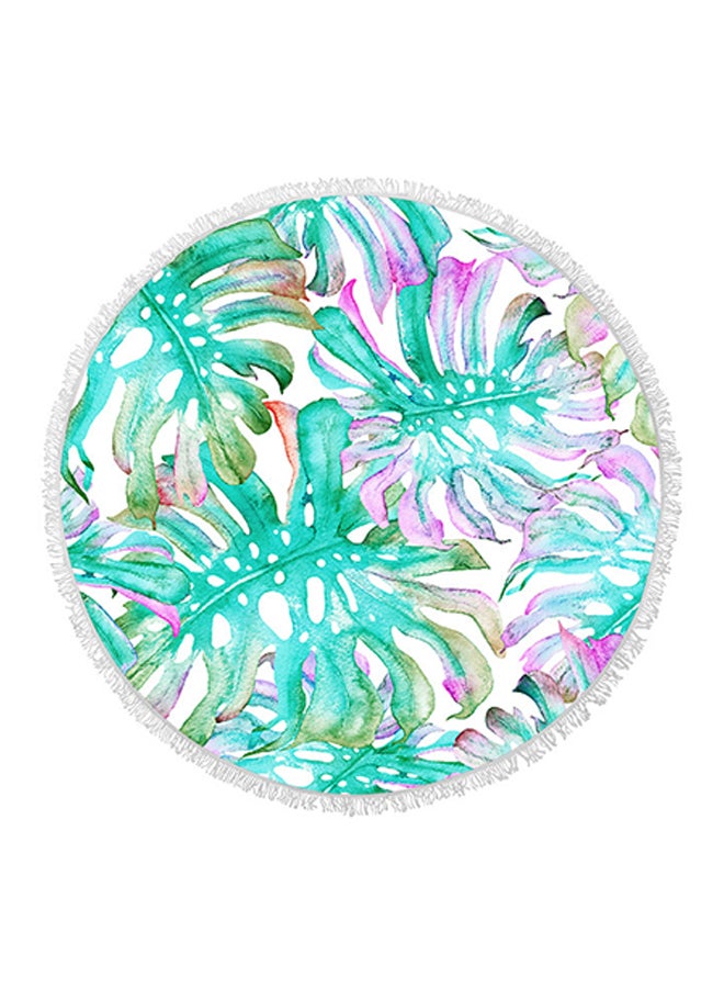 Leaf Pattern Round Fringed Towel Green/Pink 150 × 150cm