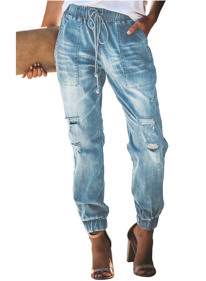 Distress Drawstring Joggers Sky Blue  - Image 1