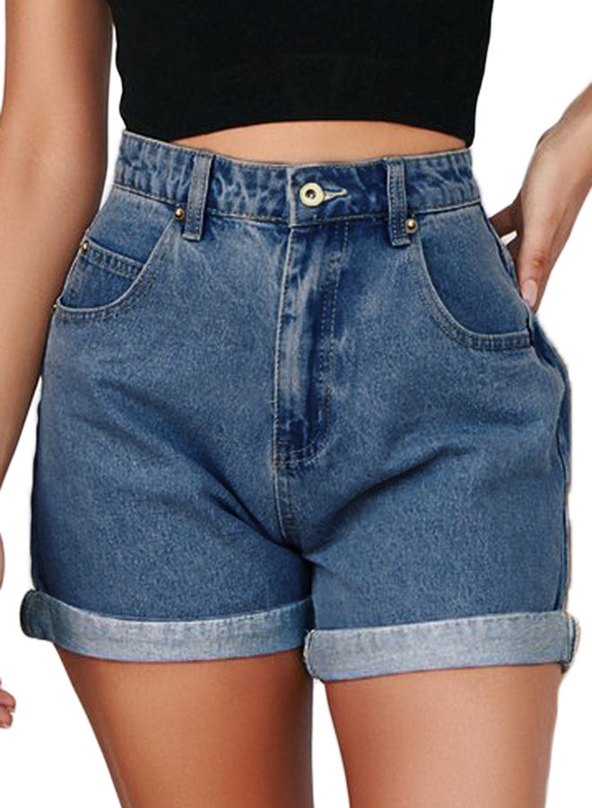 Solid Design Folded Hem Shorts Blue  - Image 1