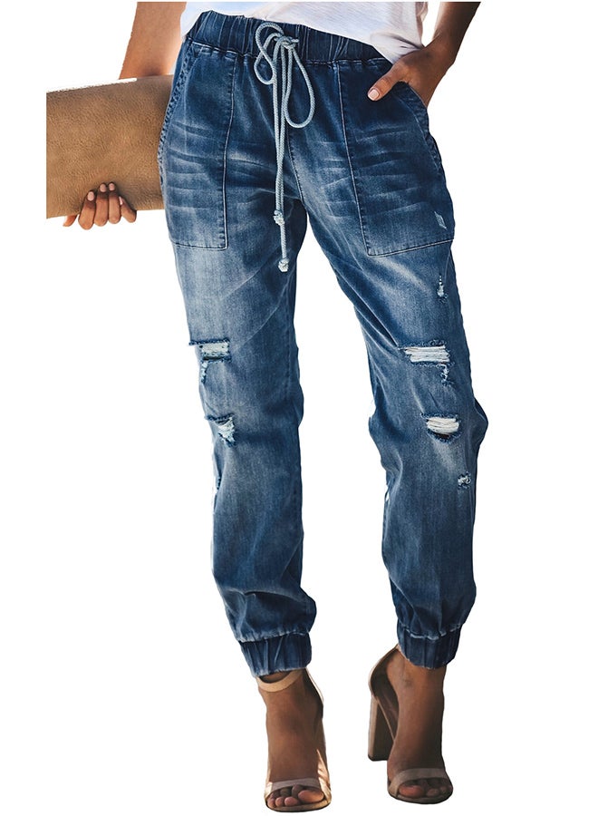 Distress Drawstring Joggers Blue  - Image 1