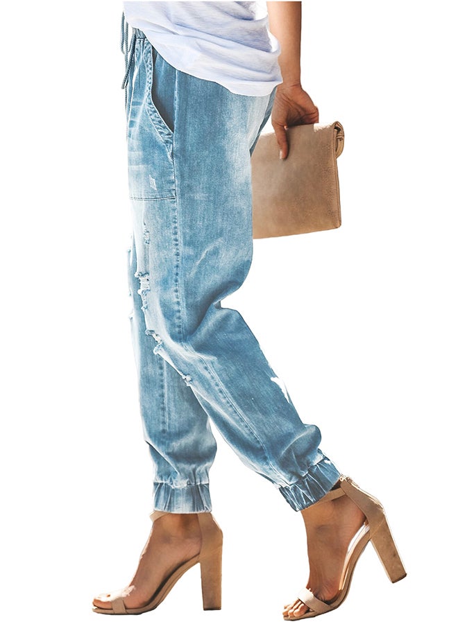 Distress Drawstring Joggers Sky Blue  - Image 3