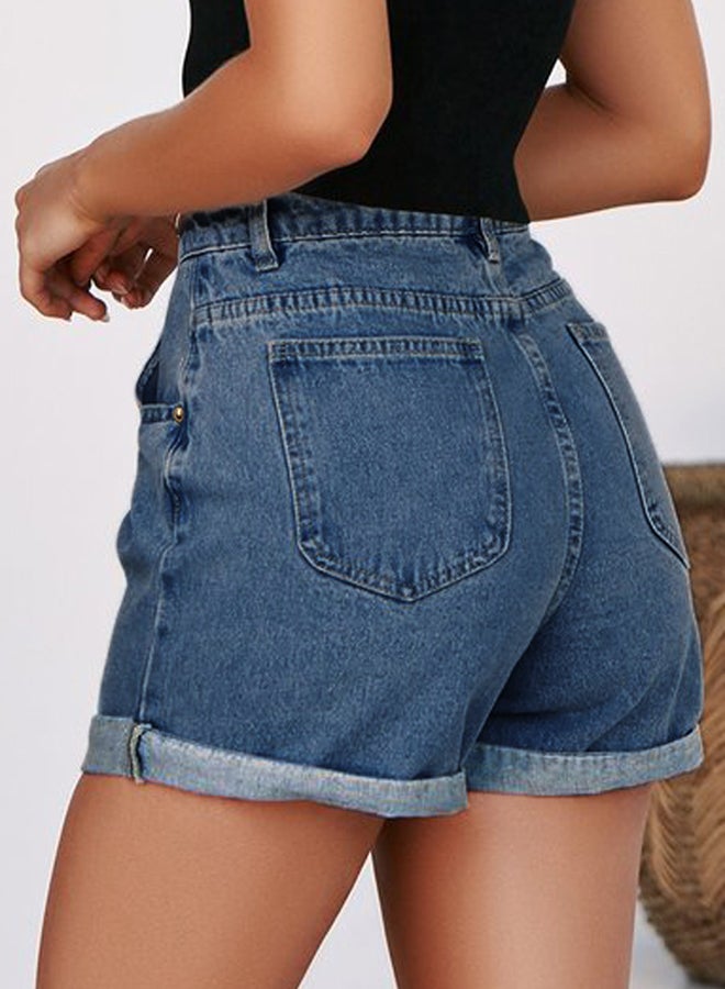 Solid Design Folded Hem Shorts Blue  - Image 2