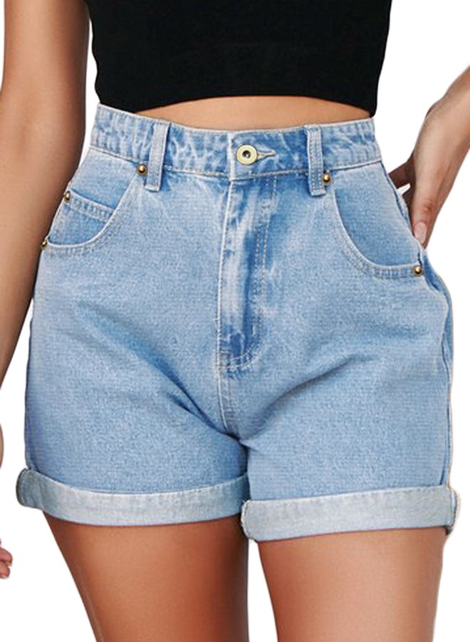 Solid Design Folded Hem Shorts Sky Blue  - Image 1