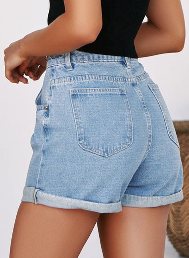 Solid Design Folded Hem Shorts Sky Blue  - Image 2