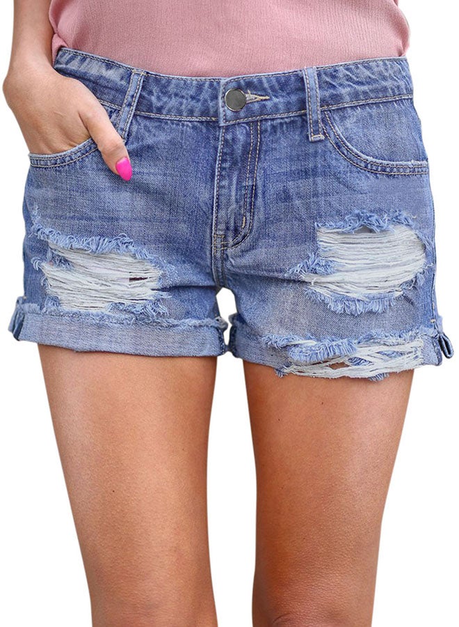 Vintage Style Ripped Shorts Sky Blue  - Image 1
