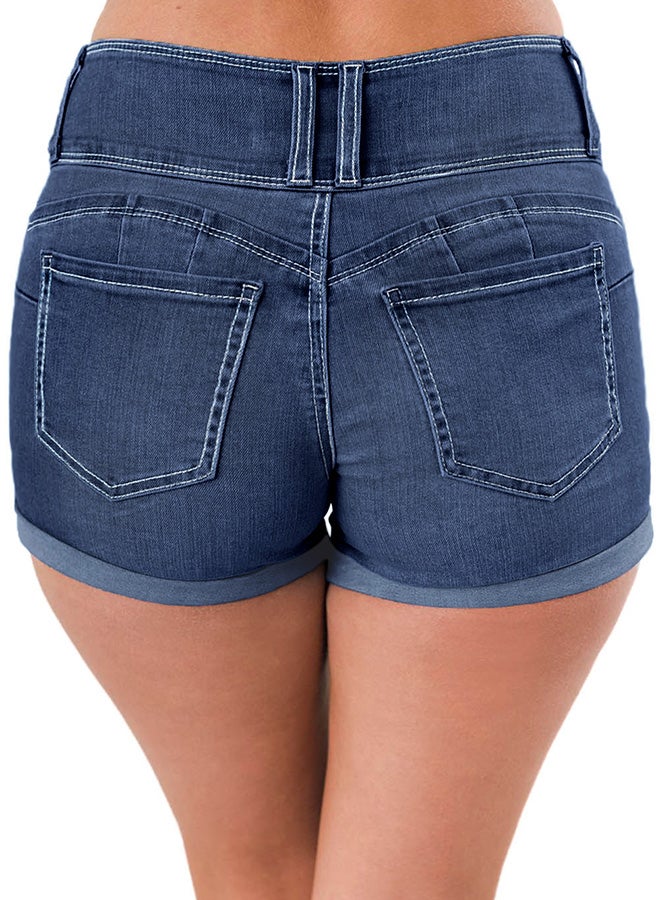 Triple Button High Waisted Denim Shorts Dark  Blue  - Image 2