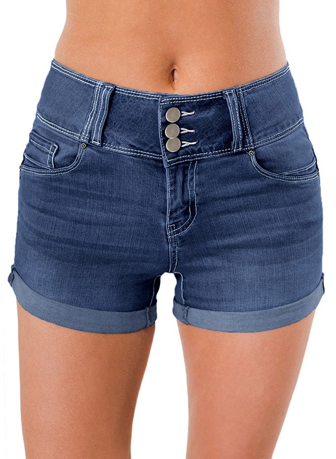Triple Button High Waisted Denim Shorts Dark  Blue  - Image 1
