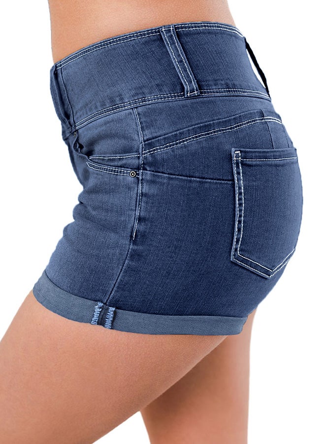 Triple Button High Waisted Denim Shorts Dark  Blue  - Image 3