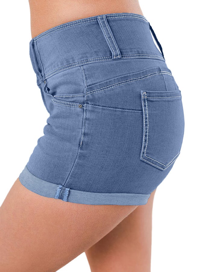 Triple Button High Waisted Denim Shorts Light  Blue  - Image 3