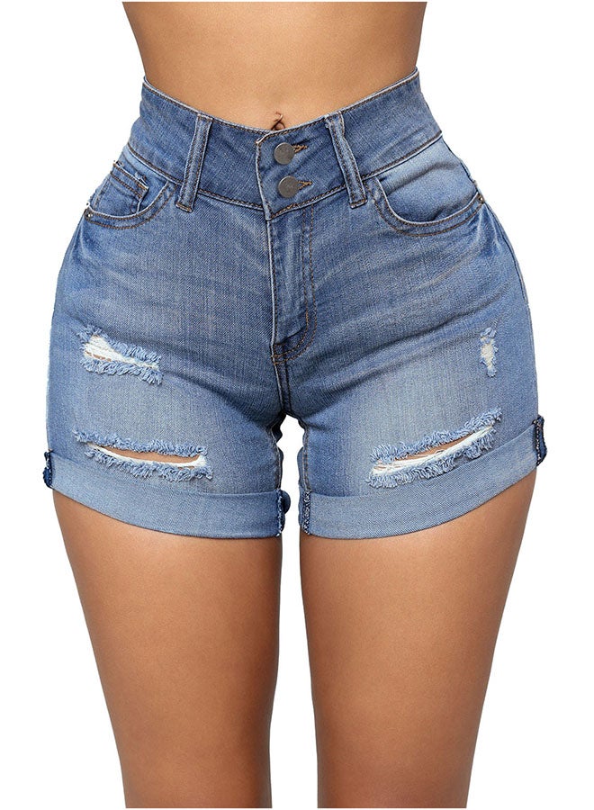 Faded Wash High Waist Shorts Blue  - Image 1
