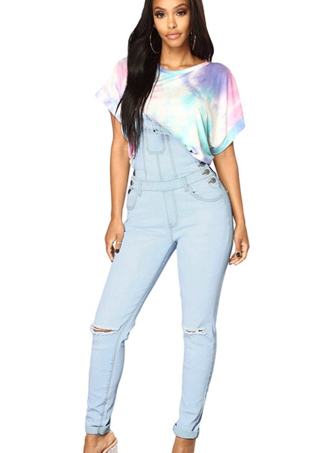 Solid Design Knee Slit Denim Dungaree Light Blue - Image 1