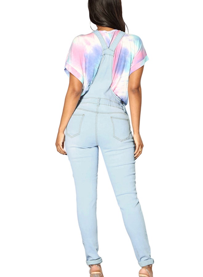 Solid Design Knee Slit Denim Dungaree Light Blue - Image 2