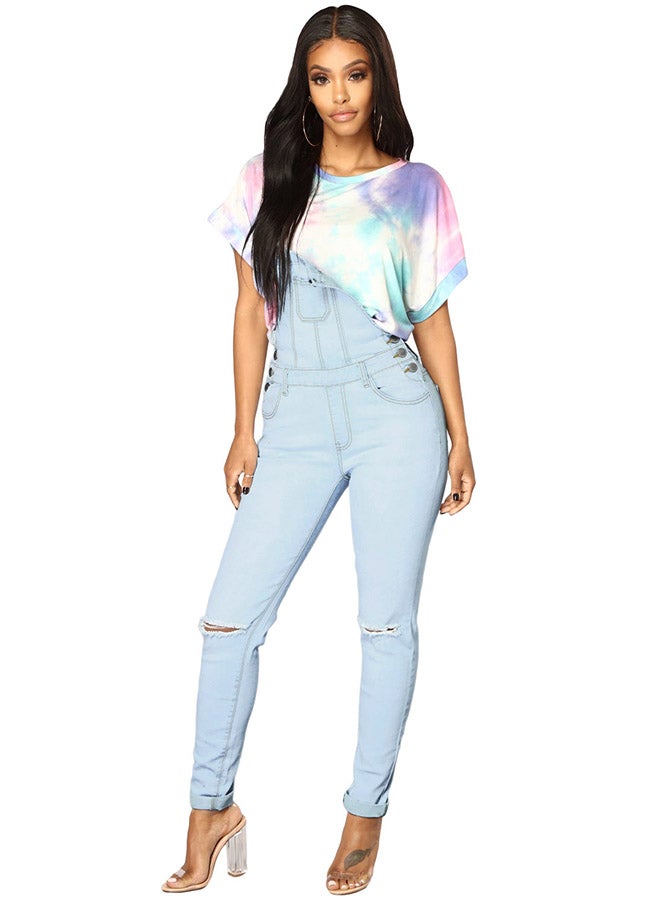 Solid Design Knee Slit Denim Dungaree Light Blue - Image 3