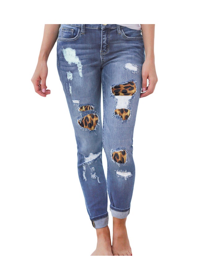 Leopard Patch Detail Distressed Jeans Sky Blue  - Image 1
