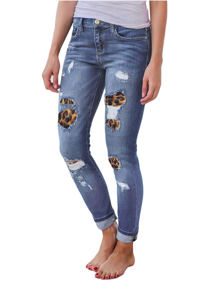 Leopard Patch Detail Distressed Jeans Sky Blue  - Image 3