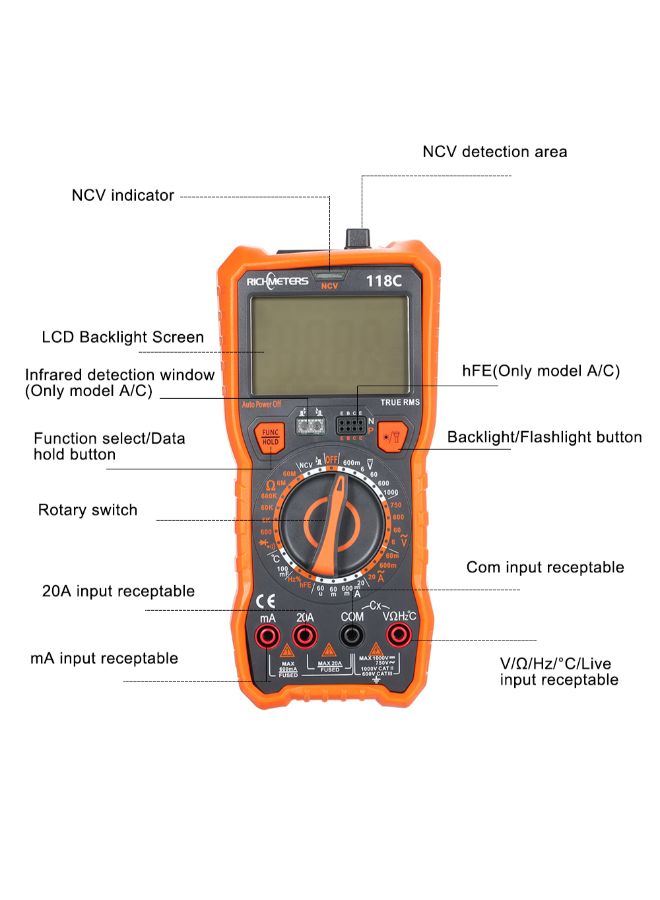 RICHMETERS - Multi-Function Handheld AC/DC Voltage Tester - 118C Black/Orange - Image 1