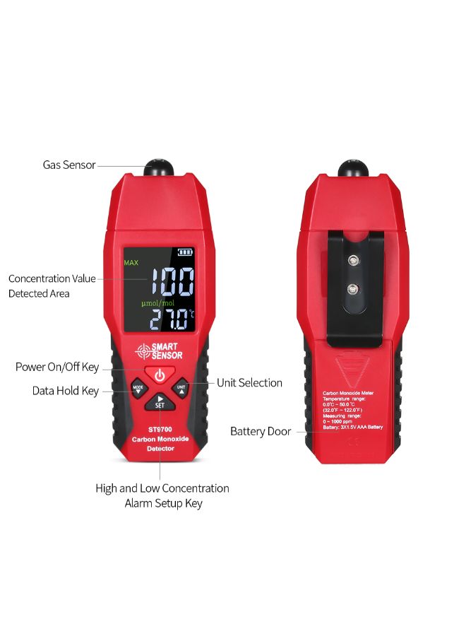 SMART SENSOR Handheld LCD Display Carbon Monoxide Meter Red/Black 19.50 x 7.70 x 3.50cm  - Image 4