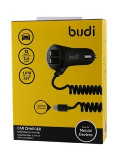 Dual USB Port Car Charger With Coiled Lightning Cable For Apple iPhone Black