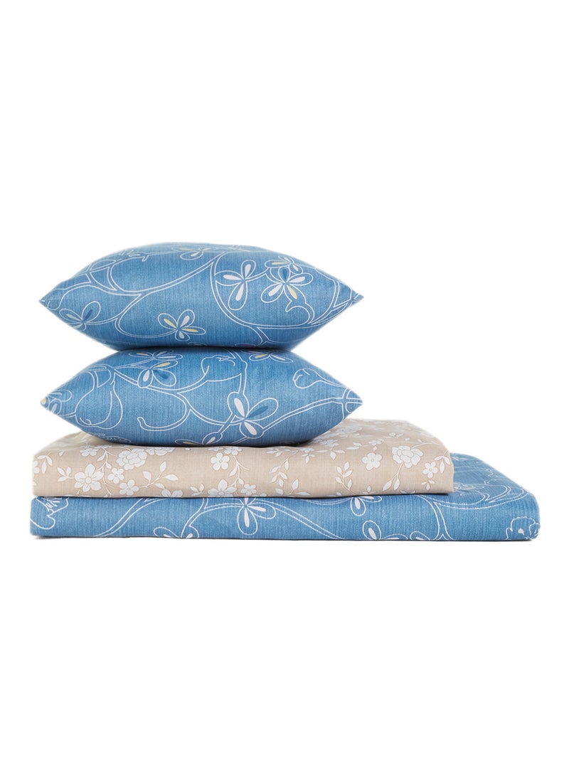 Noon East 5-Piece Bedding Set (1 Comforter + 1 Duvet Cover + 1 Fitted Bedsheet + 2 Pillowcase), Soft Touch Blue/Brown Floral Print King  - Image 1