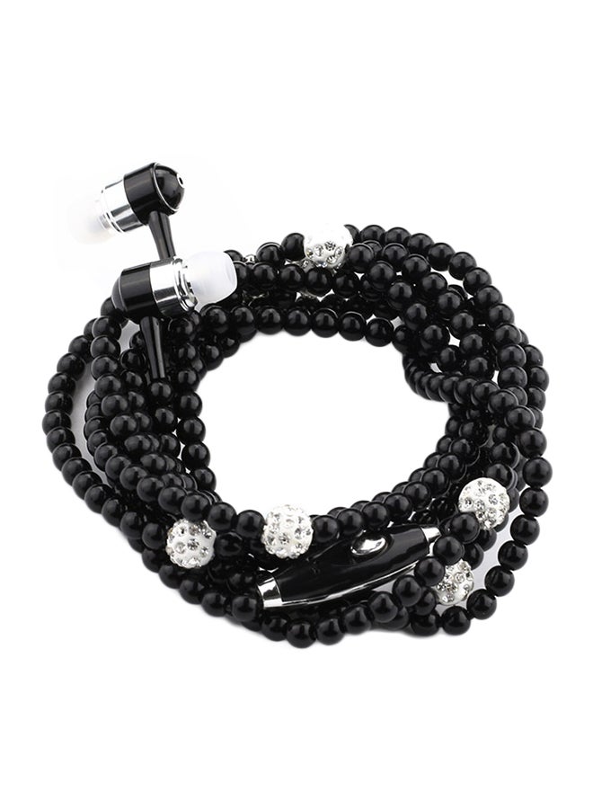 Fashionable Pearl Beads Necklace In-ear Headphones With Mic Black 