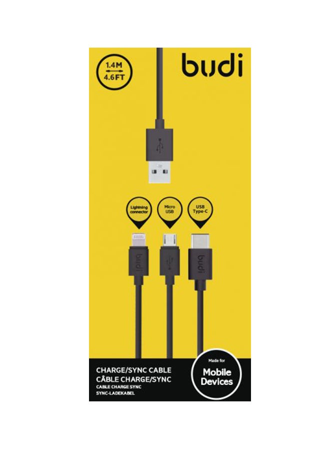 budi 3-In-1 Micro USB Data Sync Charging Cable Black/Silver - Image 2
