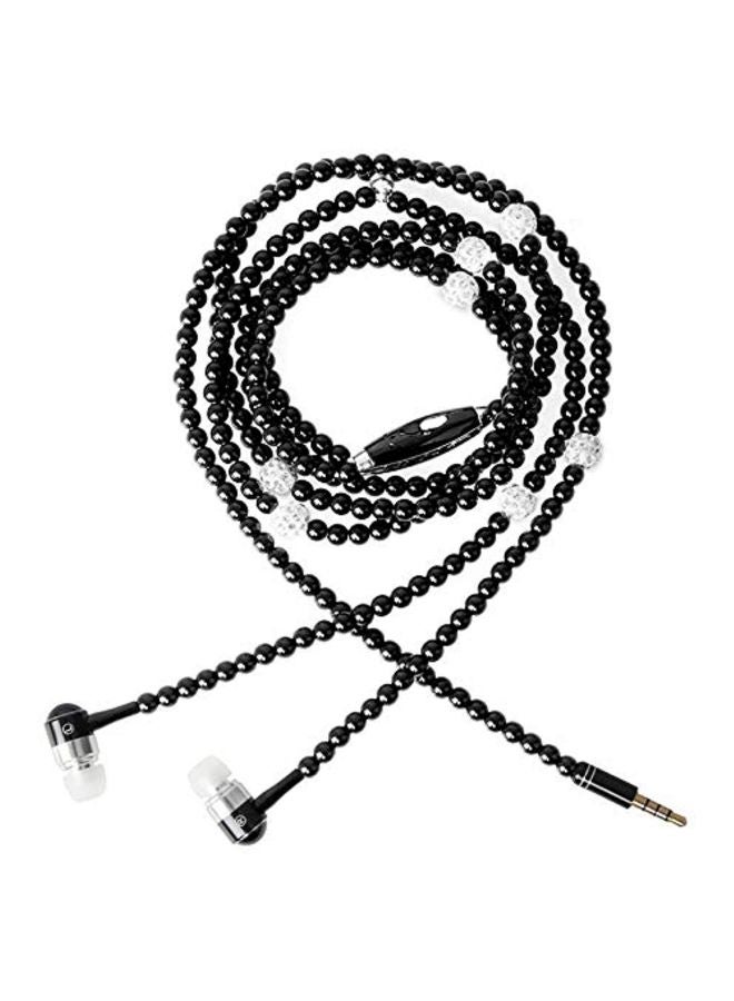 In-Ear Pearl Studded Necklace Earphone With Mic Black  - Image 1