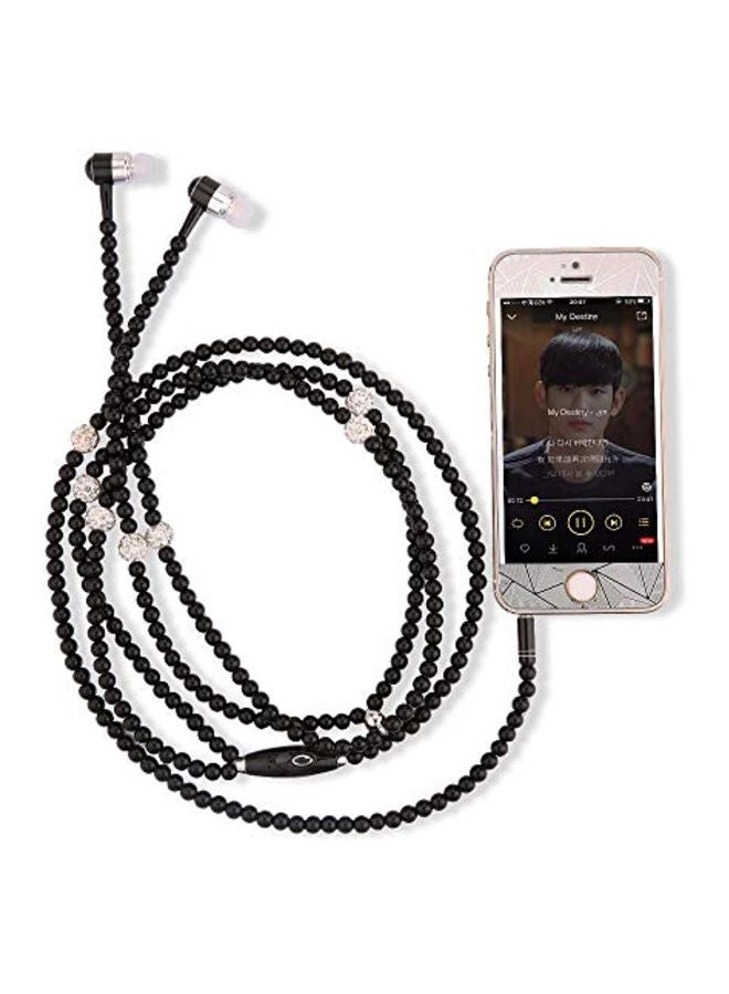 In-Ear Pearl Studded Necklace Earphone With Mic Black  - Image 3