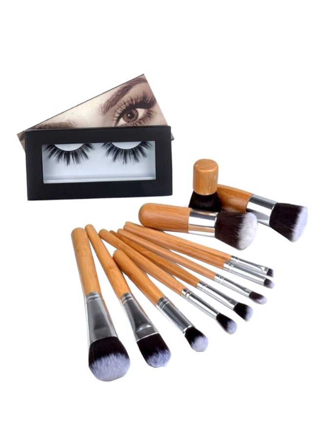 11-Piece Makeup Brush Set With 1 Pairs Artificial Eyelashes Multicolour - Image 2