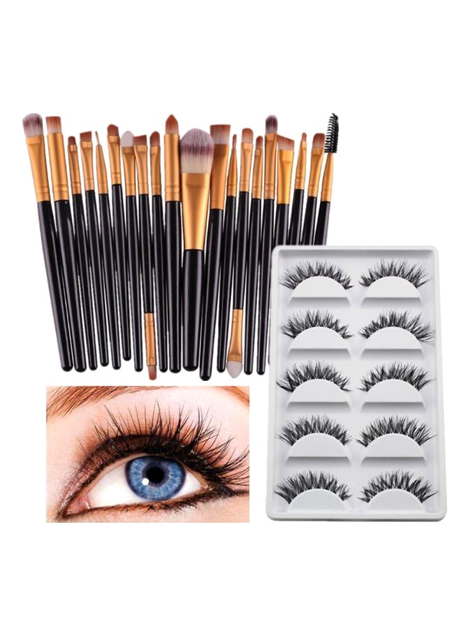 طقم فرش مكياج مكون من 20 قطعة مع 5 أزواج من الرموش الصناعية أسود/ذهبي - Image 1